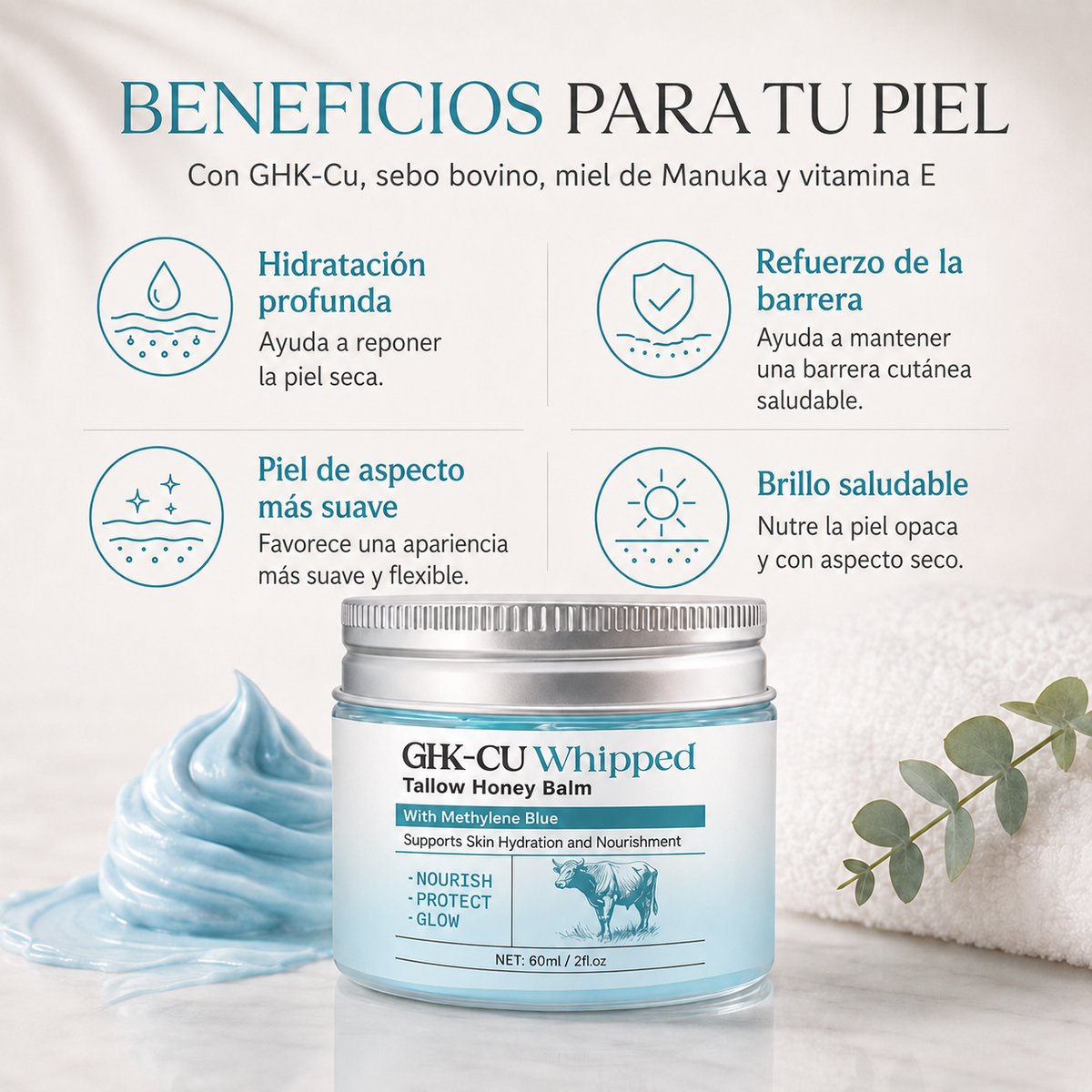 Beef Tallow Balm con Miel, GHK-Cu y Azul de Metileno
